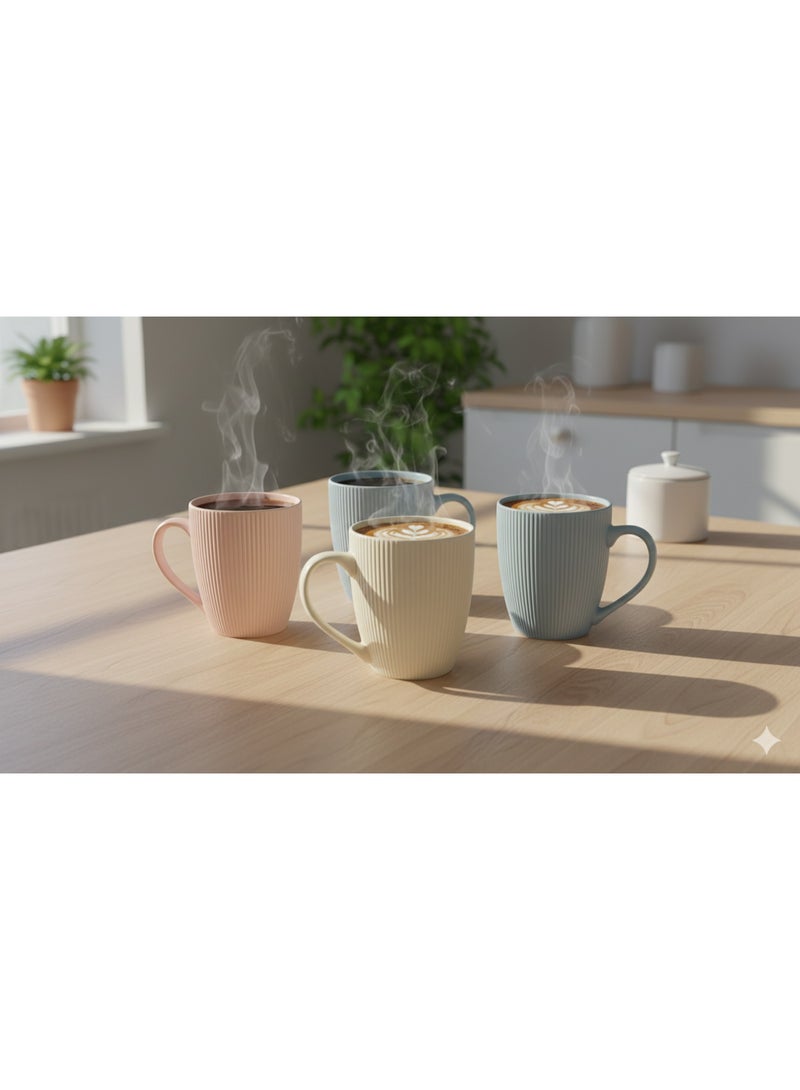 طقم أكواب قهوة وشاي سيراميك مودرن فاخر عدد 4 مجات بورسلين مطفي كبيرة سعة 550 مل بمقبض مريح – تصميم مضلع Ribbed Fluted بخطوط عمودية بارزة مستوحى من الطراز الاسكندنافي Scandi Style – ألوان باستيل هادئة (وردي فاتح، بيج كريمي، أزرق سماوي، رمادي مزرق فاتح) – أكواب قهوة ولانتيه وكابتشينو وشاي وماتشا وحليب – مثالية للمطبخ العصري وركن القهوة والديكور المنزلي والهدايا الراقية والاستخدام اليومي - Image 5